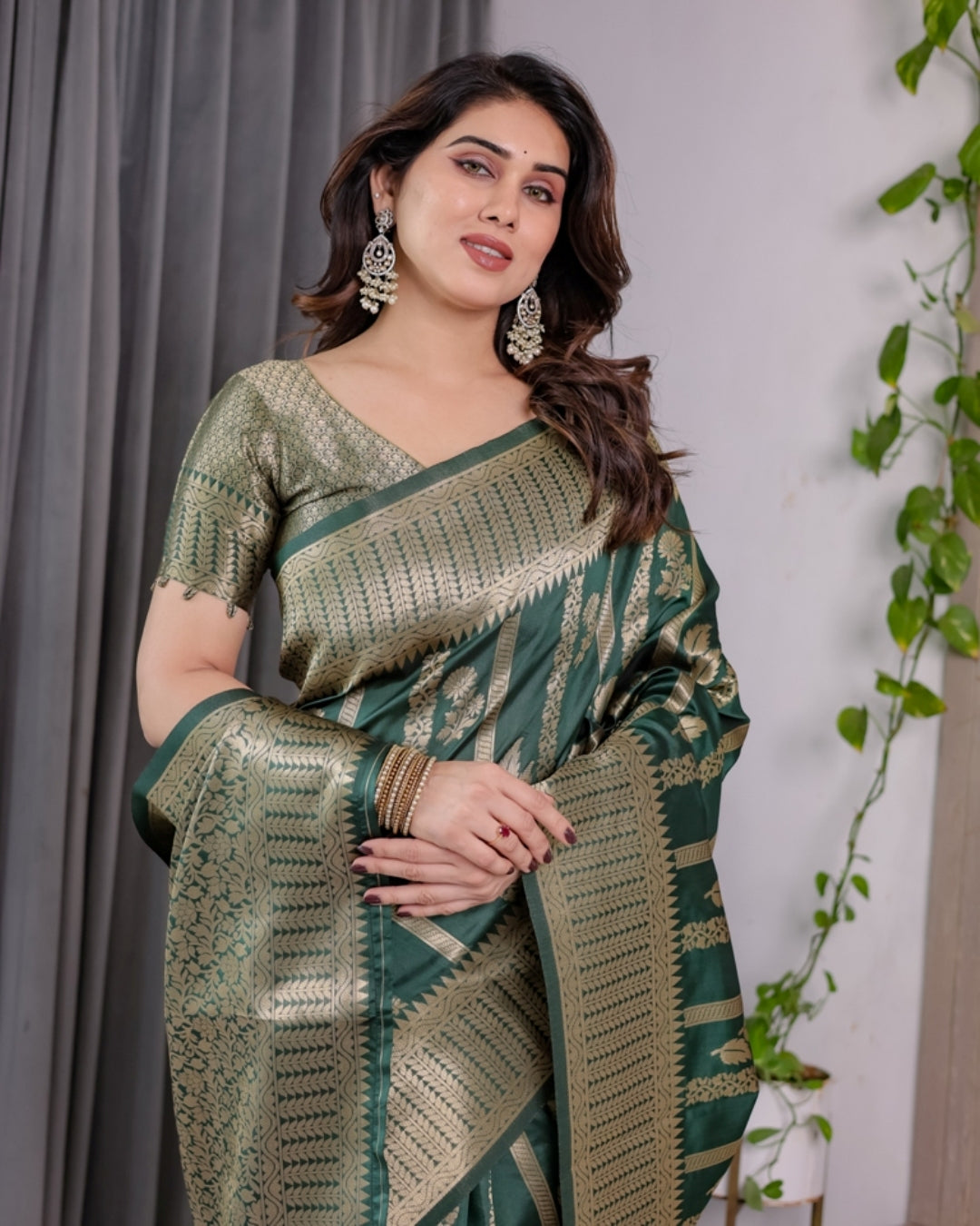 Teal Green Banarasi Soft Silk Saree With Golden Zari Border for Women