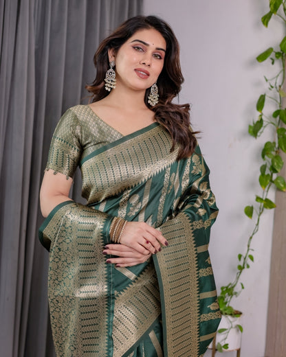Teal Green Banarasi Soft Silk Saree With Golden Zari Border for Women