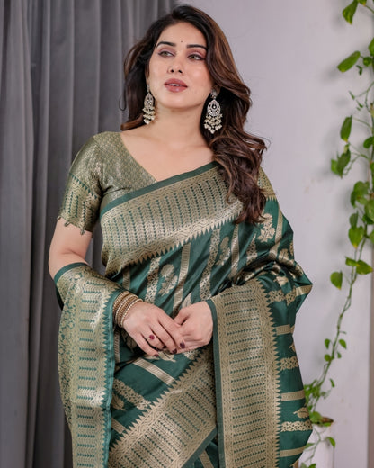 Teal Green Banarasi Soft Silk Saree With Golden Zari Border for Women