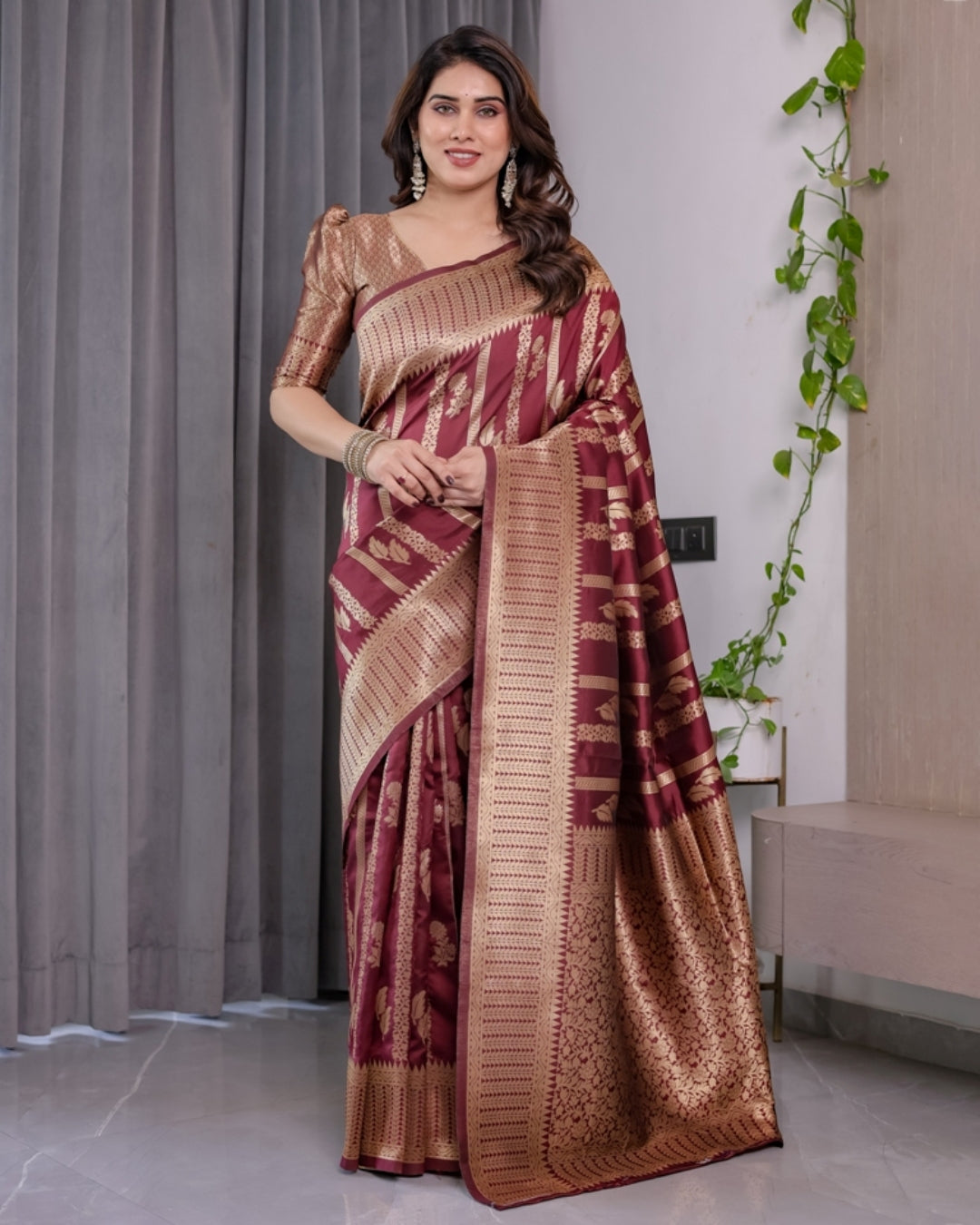 Maroon Banarasi Soft Silk Saree With Golden Zari Border 2 for Women