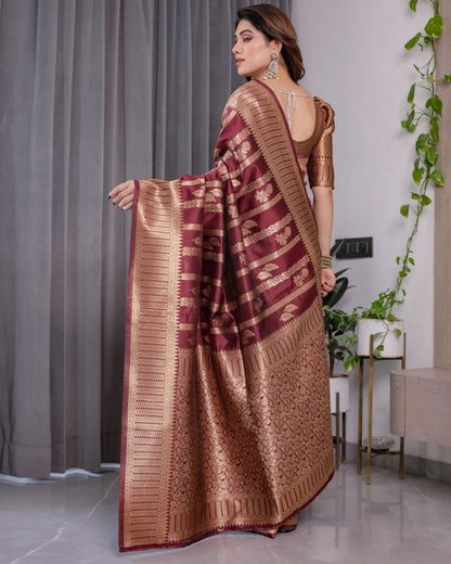 Maroon Banarasi Soft Silk Saree With Golden Zari Border 2 for Women