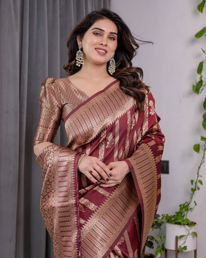 Maroon Banarasi Soft Silk Saree With Golden Zari Border 2 for Women