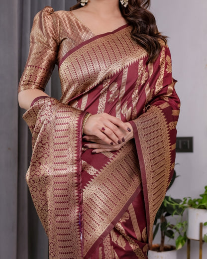 Maroon Banarasi Soft Silk Saree With Golden Zari Border 2 for Women