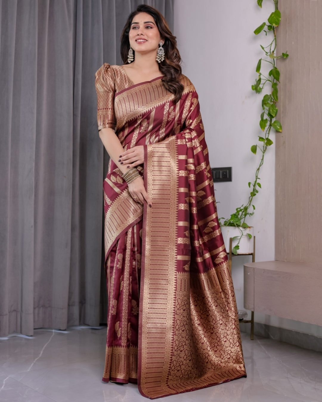 Maroon Banarasi Soft Silk Saree With Golden Zari Border 2 for Women