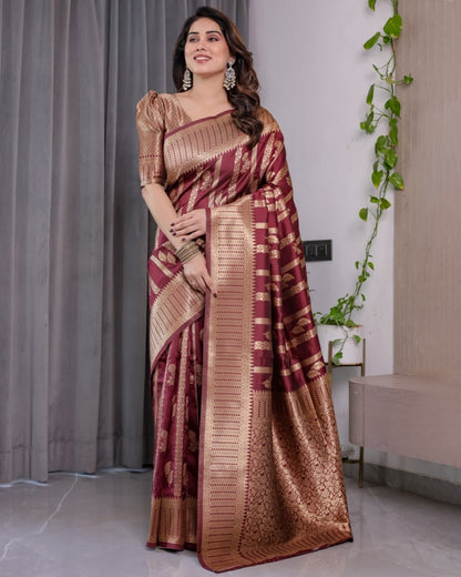 Maroon Banarasi Soft Silk Saree With Golden Zari Border 2 for Women