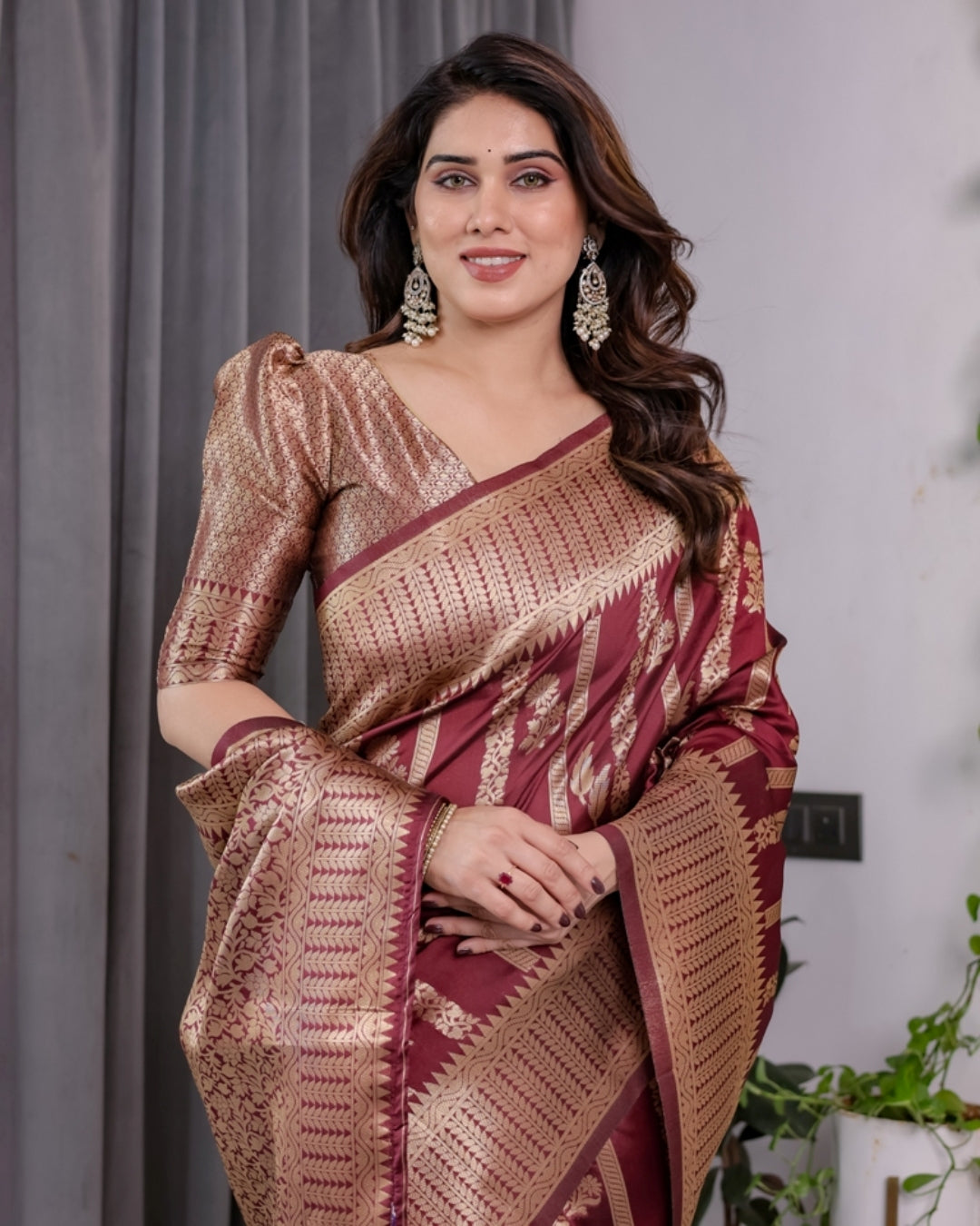 Maroon Banarasi Soft Silk Saree With Golden Zari Border 2 for Women