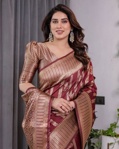 Maroon Banarasi Soft Silk Saree With Golden Zari Border 2 for Women