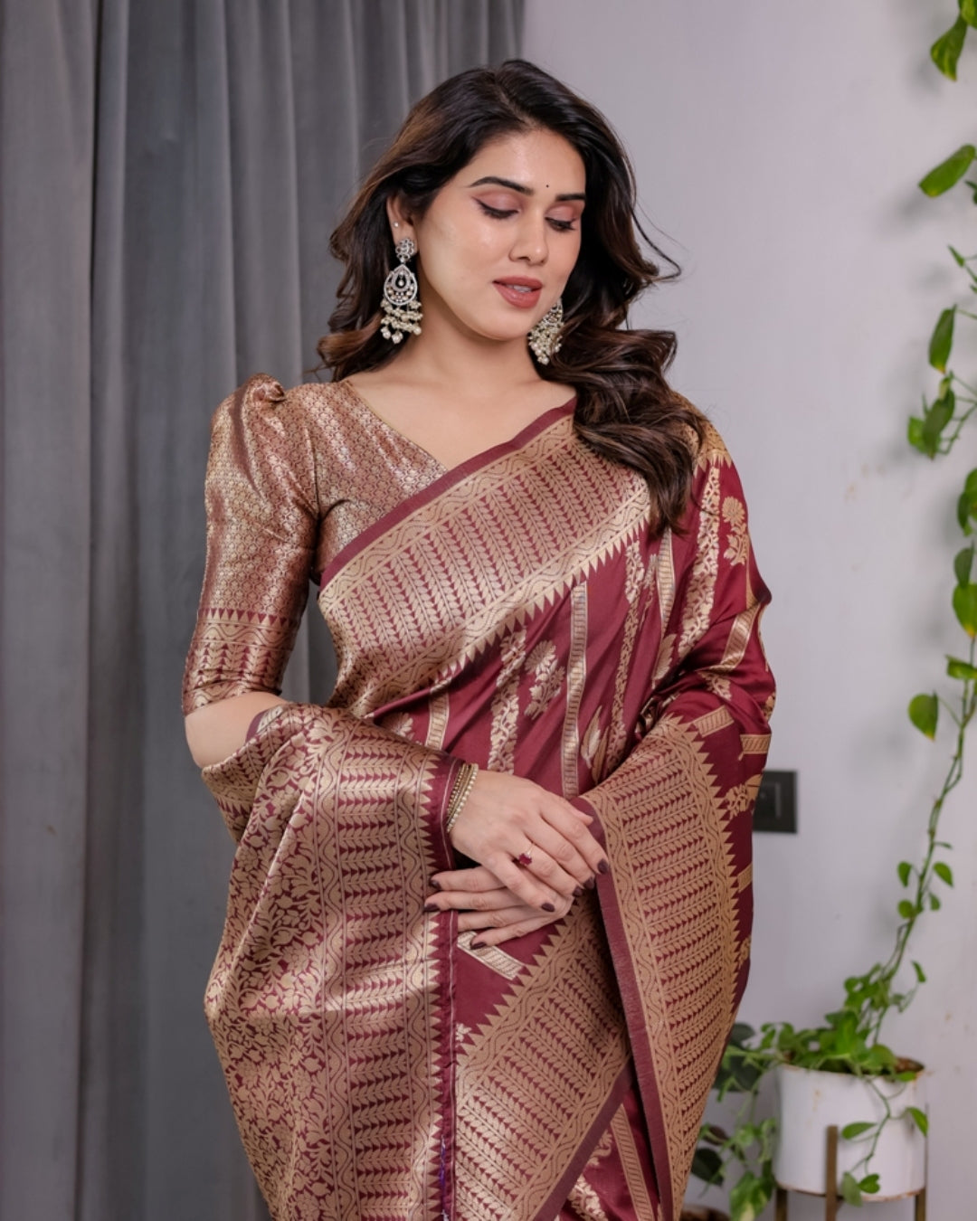 Maroon Banarasi Soft Silk Saree With Golden Zari Border 2 for Women