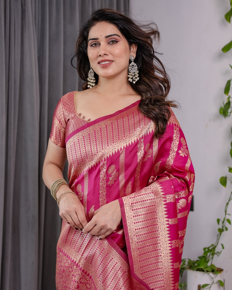 Rani Pink Banarasi Soft Silk Saree With Golden Zari Borders for Women