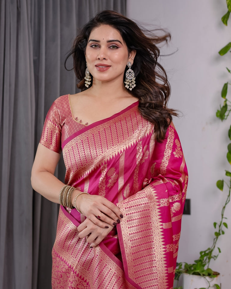 Rani Pink Banarasi Soft Silk Saree With Golden Zari Borders for Women