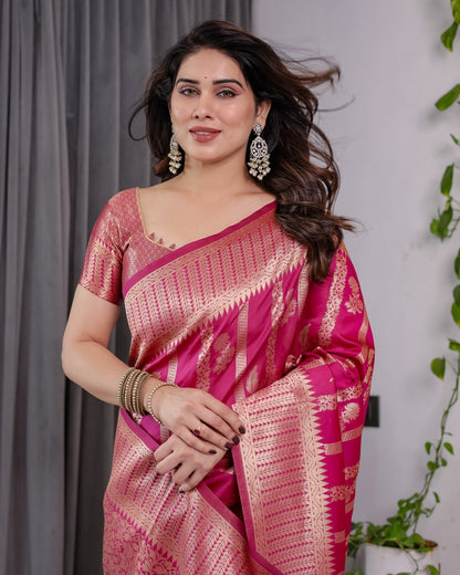 Rani Pink Banarasi Soft Silk Saree With Golden Zari Borders for Women