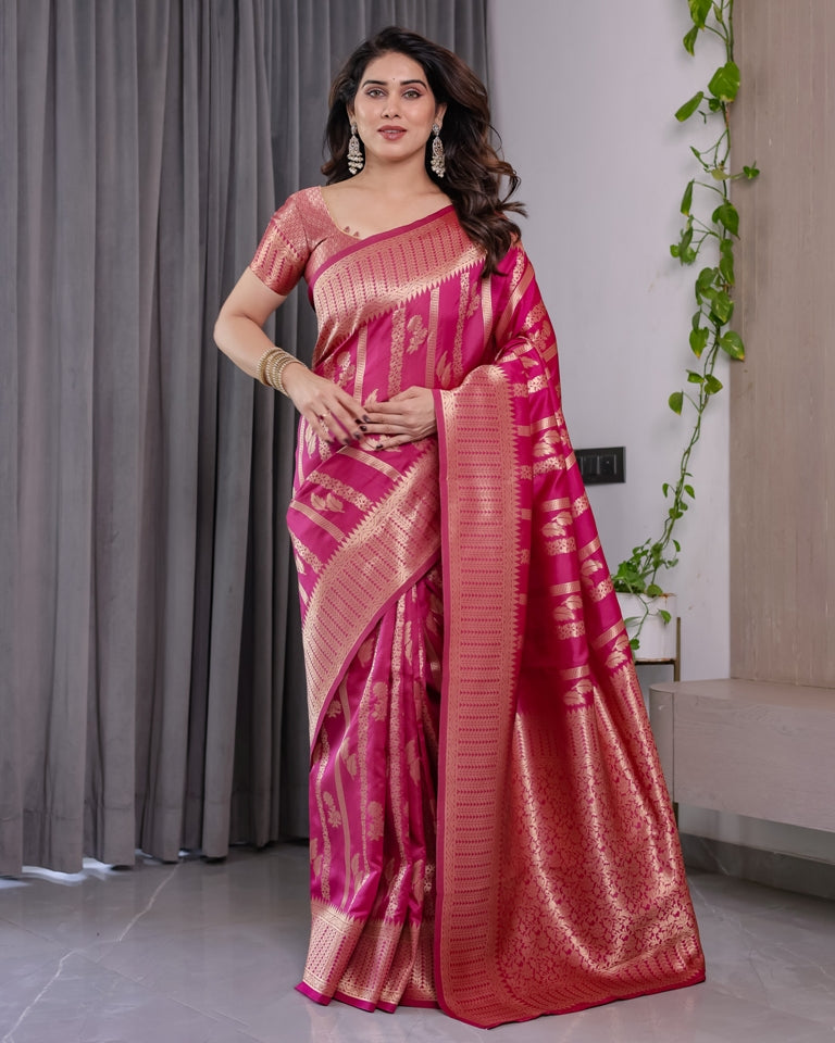 Rani Pink Banarasi Soft Silk Saree With Golden Zari Borders for Women