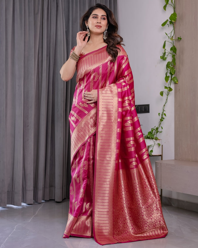 Rani Pink Banarasi Soft Silk Saree With Golden Zari Borders for Women