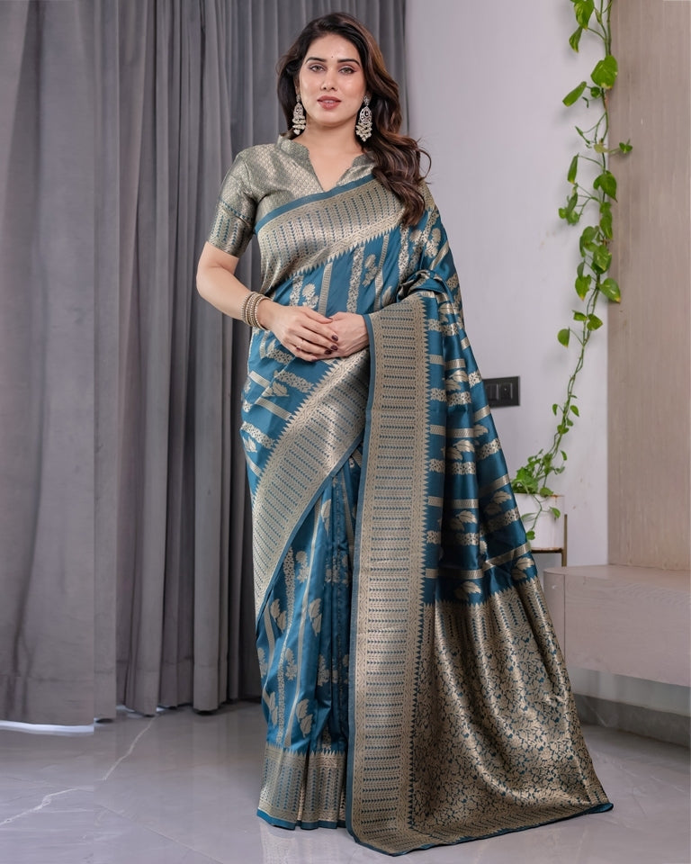 Teal Blue Banarasi Soft Silk Saree With Elegant Zari Border for Women
