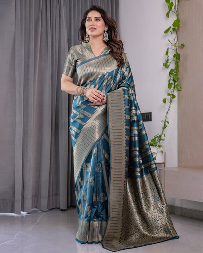 Teal Blue Banarasi Soft Silk Saree With Elegant Zari Border for Women