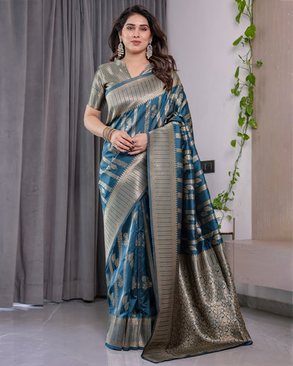 Teal Blue Banarasi Soft Silk Saree With Elegant Zari Border for Women