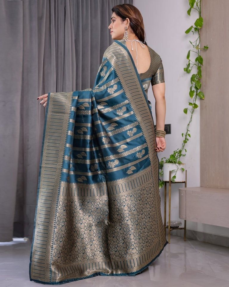 Teal Blue Banarasi Soft Silk Saree With Elegant Zari Border for Women