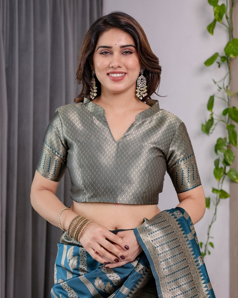 Teal Blue Banarasi Soft Silk Saree With Elegant Zari Border for Women