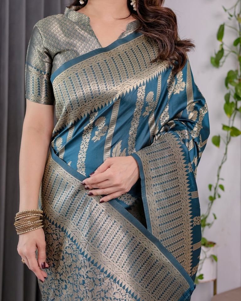 Teal Blue Banarasi Soft Silk Saree With Elegant Zari Border for Women