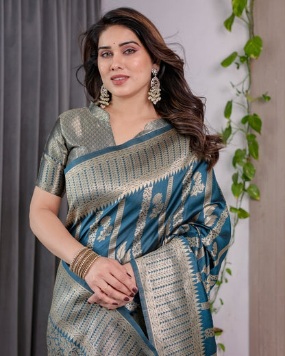 Teal Blue Banarasi Soft Silk Saree With Elegant Zari Border for Women