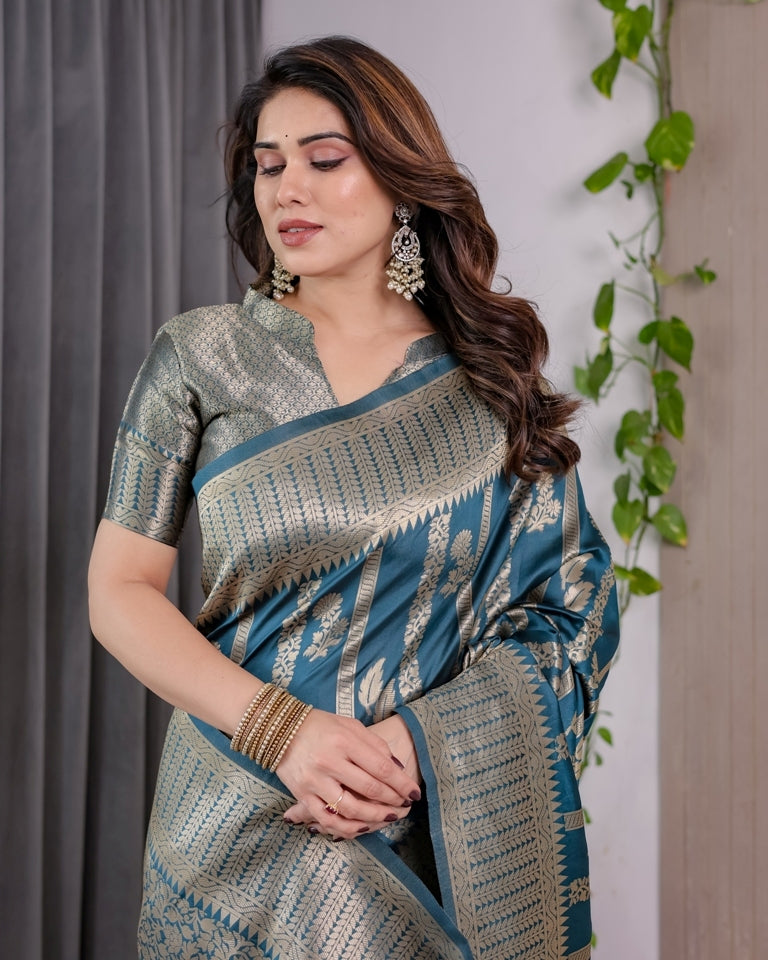 Teal Blue Banarasi Soft Silk Saree With Elegant Zari Border for Women