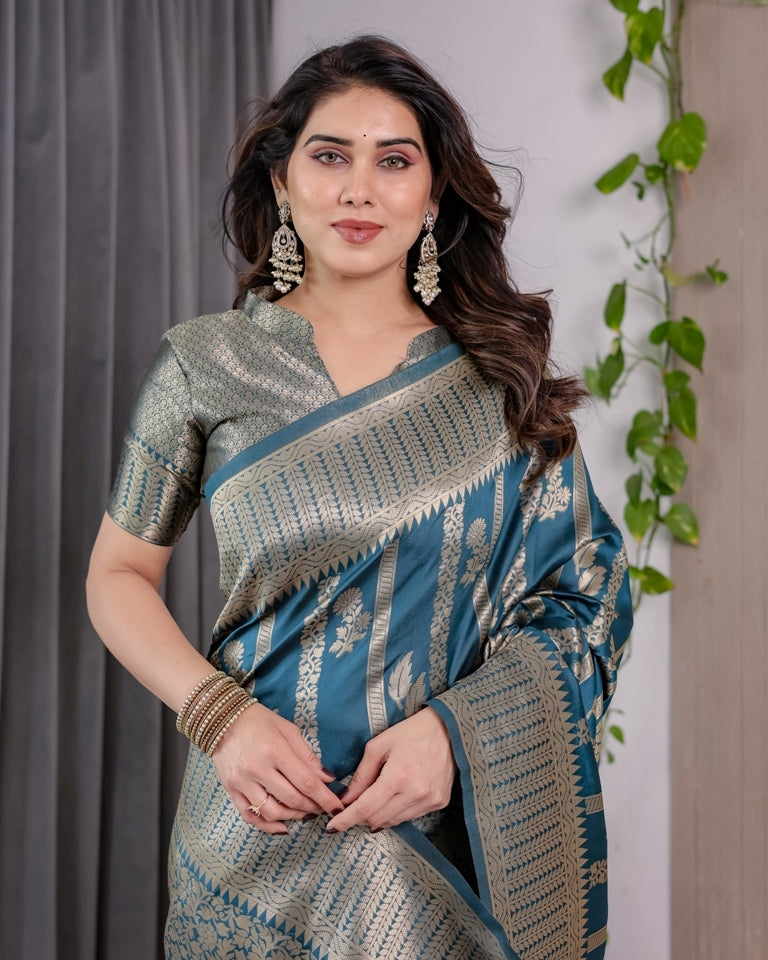 Teal Blue Banarasi Soft Silk Saree With Elegant Zari Border for Women