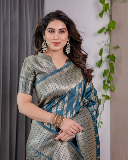 Teal Blue Banarasi Soft Silk Saree With Elegant Zari Border for Women