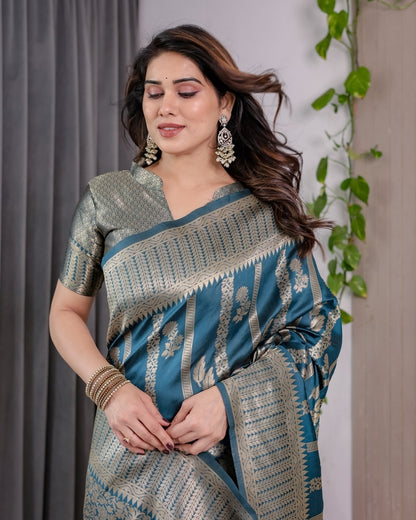 Teal Blue Banarasi Soft Silk Saree With Elegant Zari Border for Women
