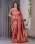 Coral Red Banarasi Soft Silk Saree With Golden Zari Borders for Women