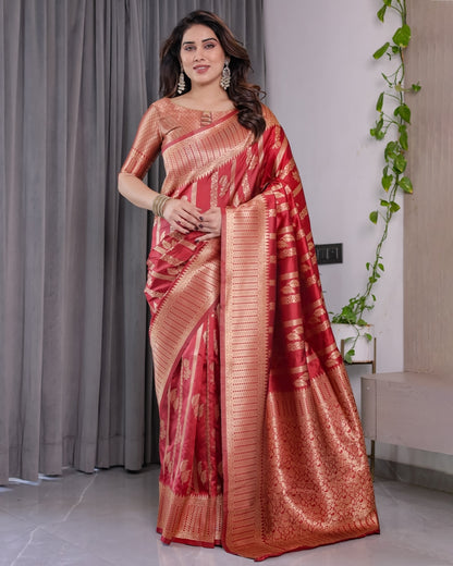 Coral Red Banarasi Soft Silk Saree With Golden Zari Borders for Women