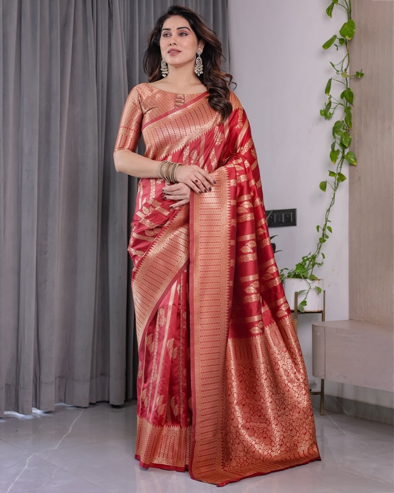 Coral Red Banarasi Soft Silk Saree With Golden Zari Borders for Women