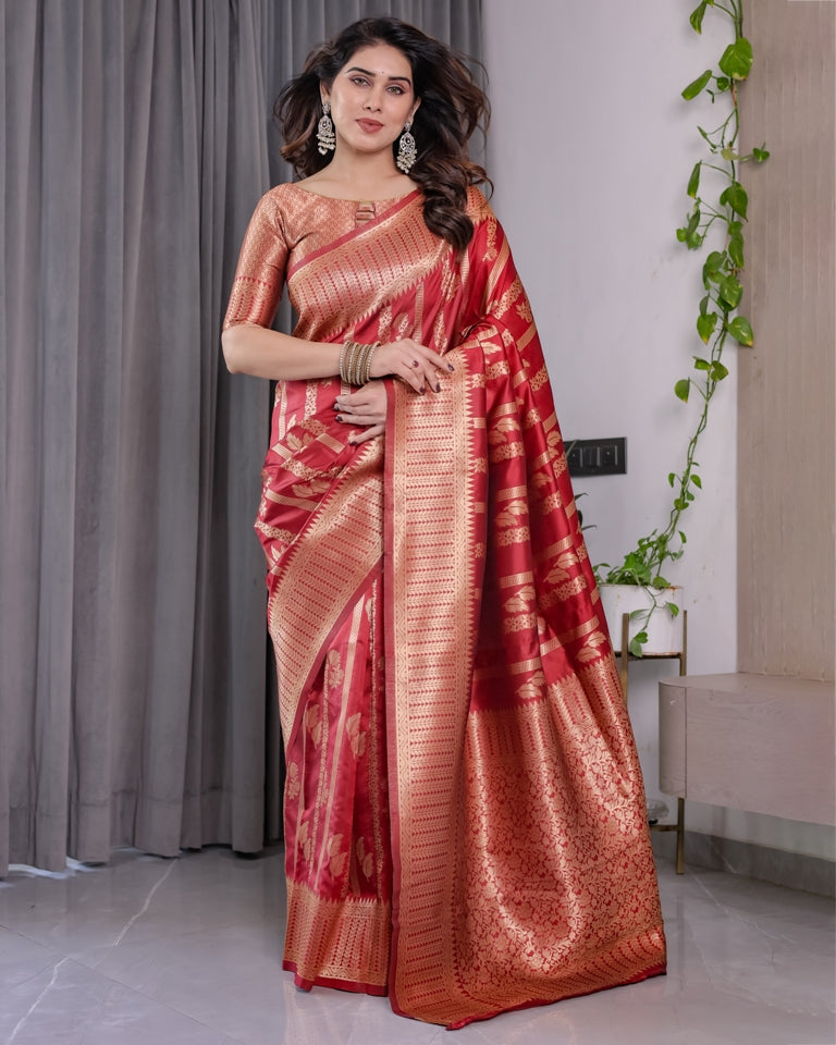Coral Red Banarasi Soft Silk Saree With Golden Zari Borders for Women