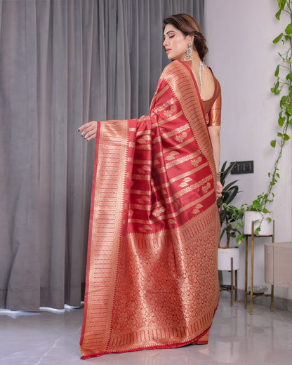 Coral Red Banarasi Soft Silk Saree With Golden Zari Borders for Women