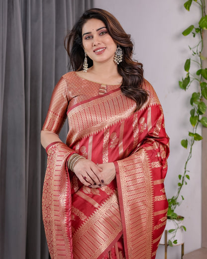 Coral Red Banarasi Soft Silk Saree With Golden Zari Borders for Women