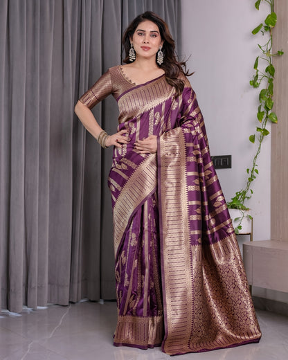 Royal Purple Banarasi Soft Silk Saree With Golden Zari Work for Women