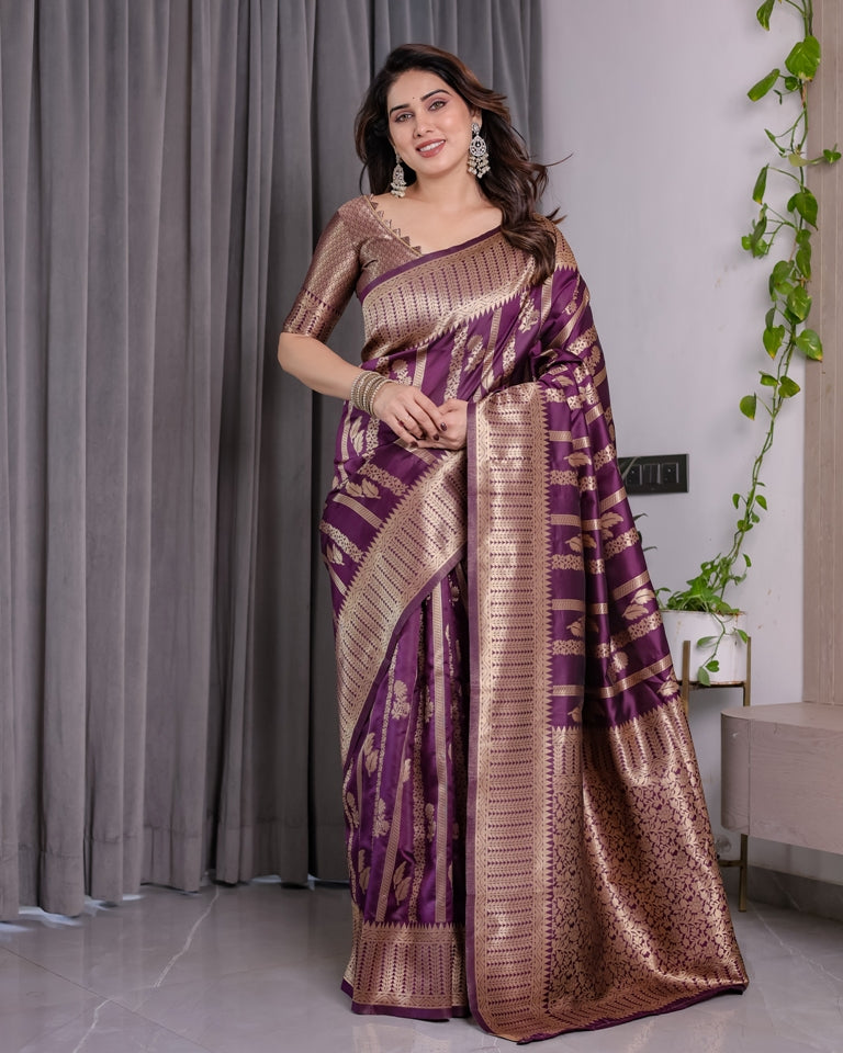 Royal Purple Banarasi Soft Silk Saree With Golden Zari Work for Women