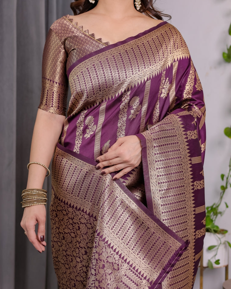 Royal Purple Banarasi Soft Silk Saree With Golden Zari Work for Women