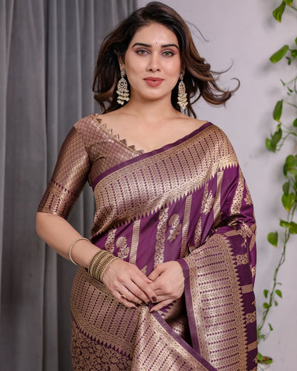 Royal Purple Banarasi Soft Silk Saree With Golden Zari Work for Women