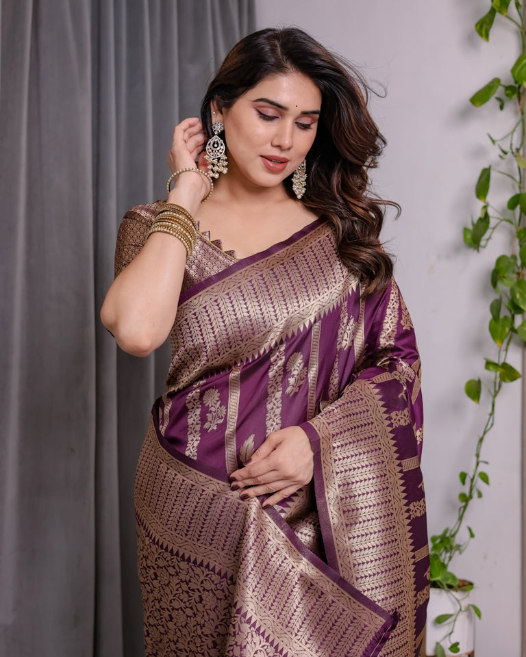Royal Purple Banarasi Soft Silk Saree With Golden Zari Work for Women