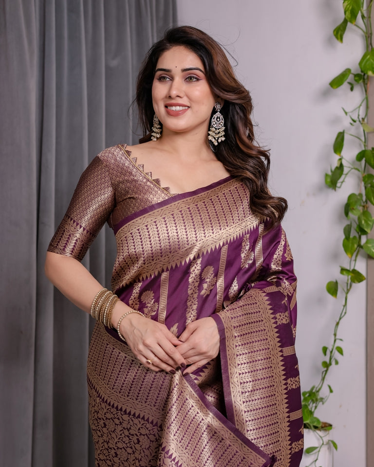 Royal Purple Banarasi Soft Silk Saree With Golden Zari Work for Women