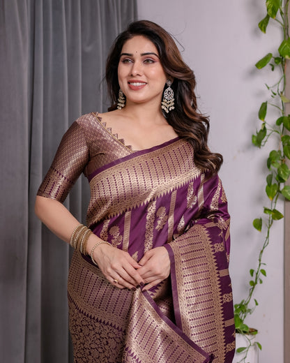 Royal Purple Banarasi Soft Silk Saree With Golden Zari Work for Women