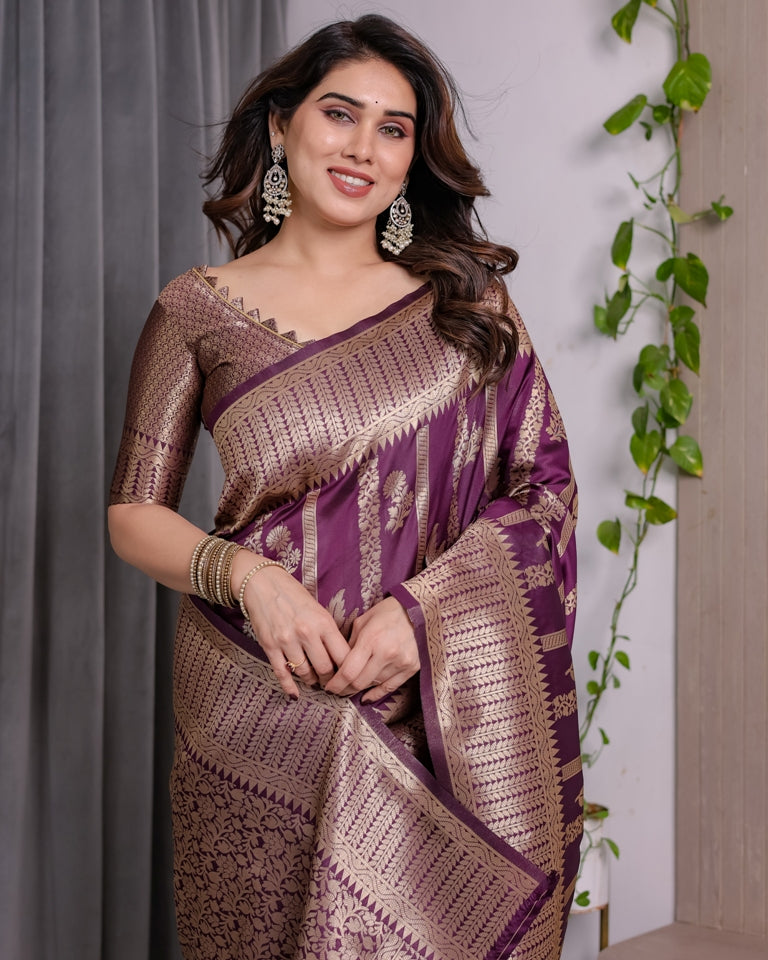 Royal Purple Banarasi Soft Silk Saree With Golden Zari Work for Women