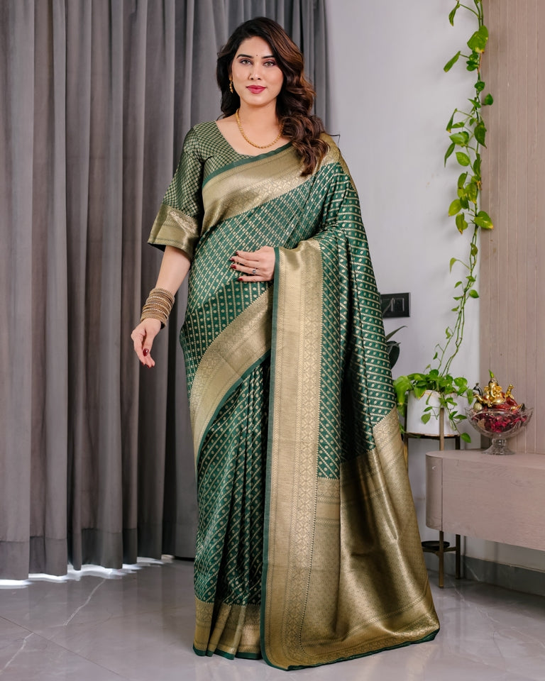 Bottle Green Banarasi Soft Silk Saree With Rich Golden Zari for Women