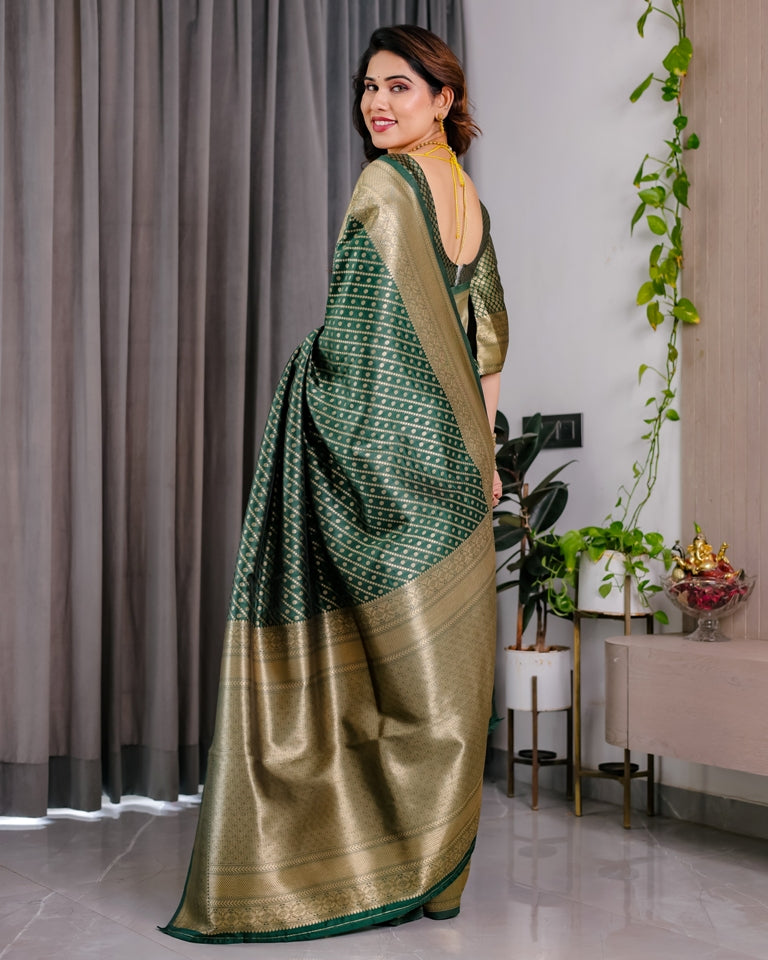 Bottle Green Banarasi Soft Silk Saree With Rich Golden Zari for Women