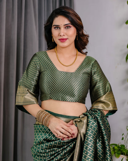 Bottle Green Banarasi Soft Silk Saree With Rich Golden Zari for Women