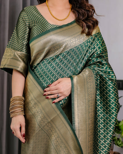 Bottle Green Banarasi Soft Silk Saree With Rich Golden Zari for Women
