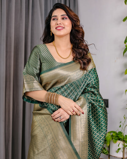 Bottle Green Banarasi Soft Silk Saree With Rich Golden Zari for Women
