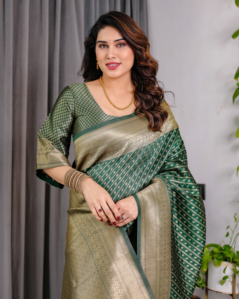 Bottle Green Banarasi Soft Silk Saree With Rich Golden Zari for Women