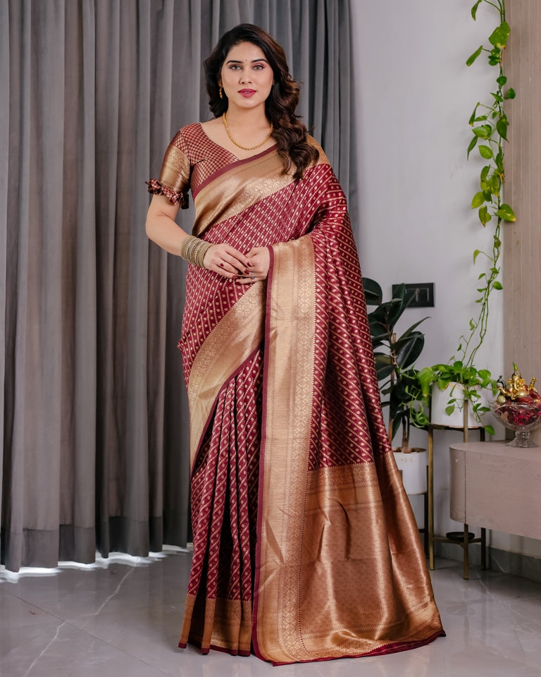 Maroon Banarasi Soft Silk Saree With Golden Zari Border for Women