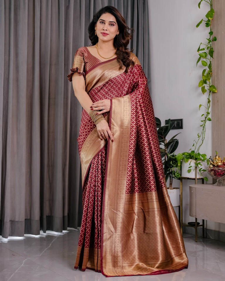 Maroon Banarasi Soft Silk Saree With Golden Zari Border for Women